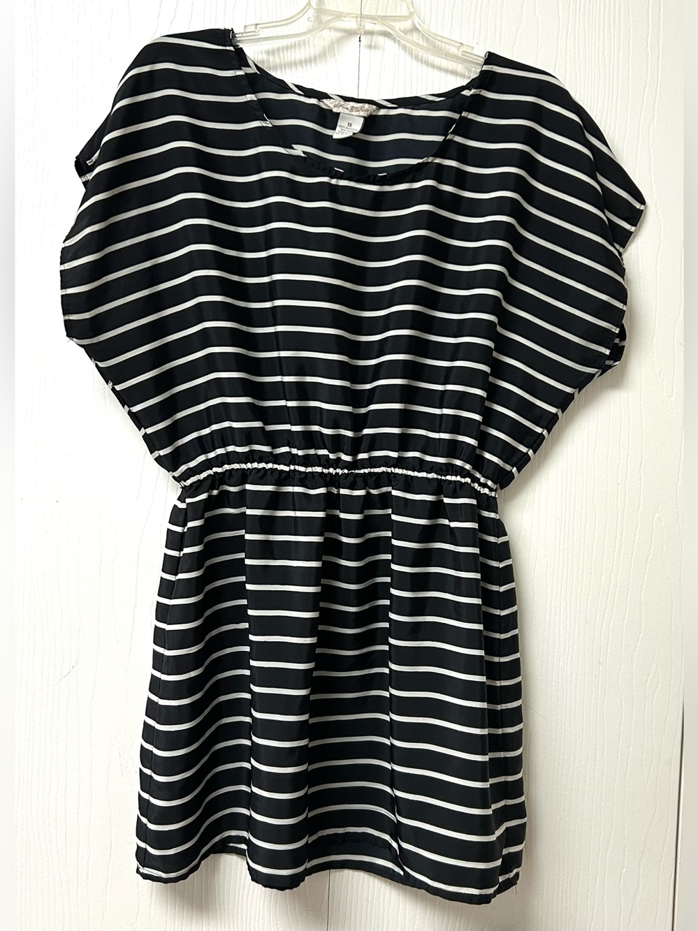 Women’s Black and White Striped Elastic-Waist Mini Dress